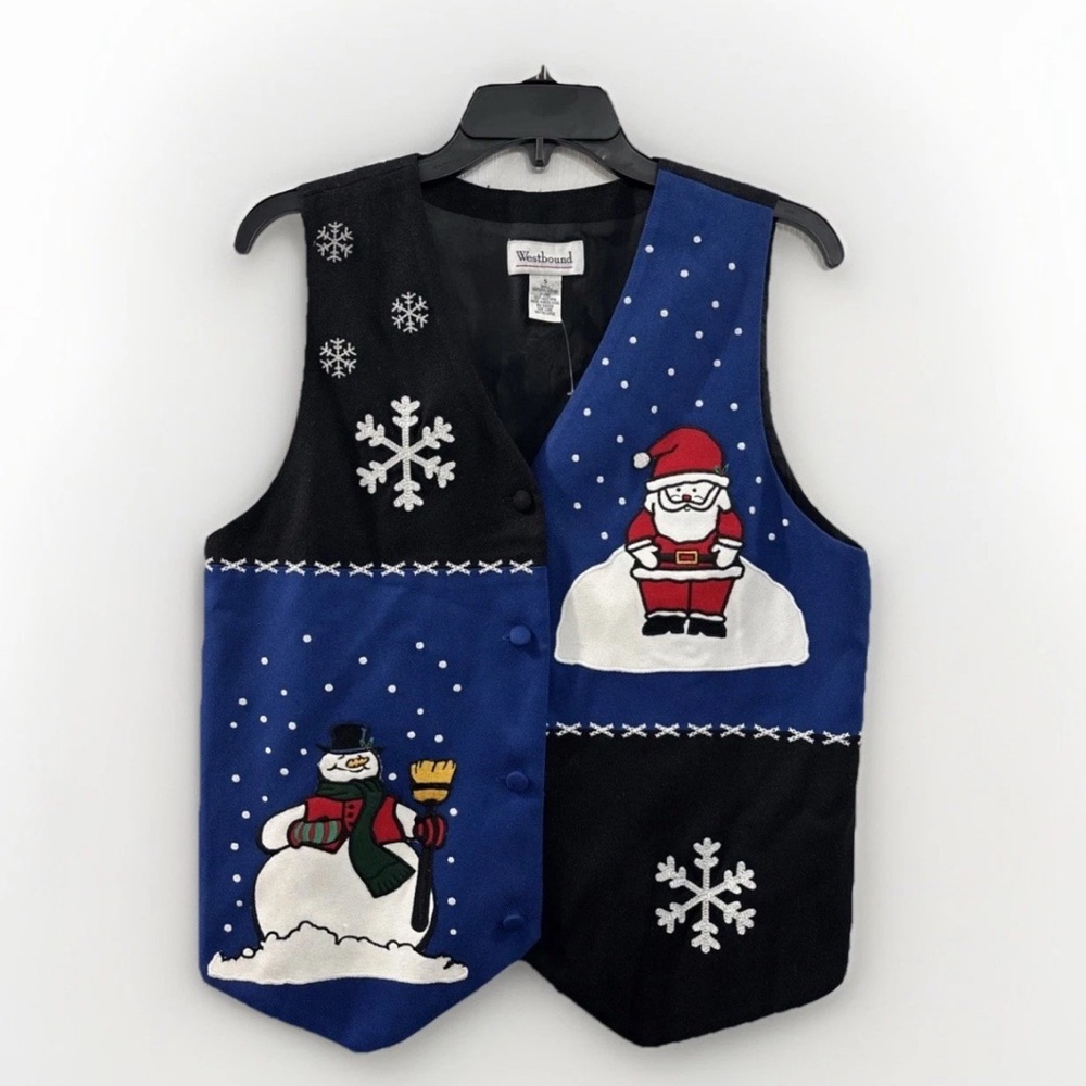 VTG Westbound Christmas Vest Women’s S/M‎ Black Blue Snowman Santa Ugly Sweater